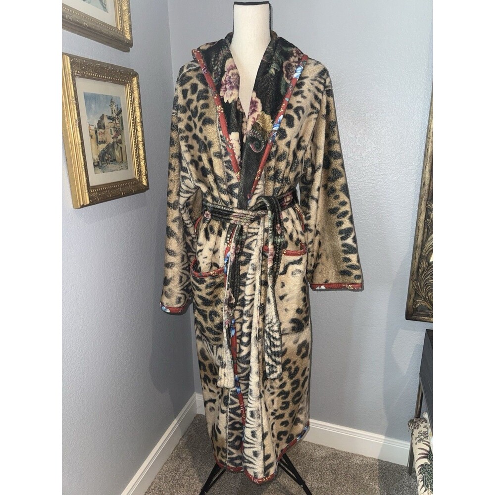 Johnny Was Aditi Robe Reversible Leopard L/XL Cozy Plush Boho Floral Girls Trip - Picture 9 of 16